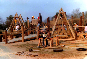 A photo documenting the construction of the Abingdon playground in 1985.