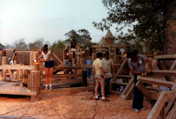 A photo documenting the construction of the Abingdon playground in 1985.