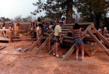 A photo documenting the construction of the Abingdon playground in 1985.