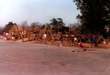 A photo documenting the construction of the Abingdon playground in 1985.