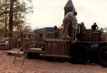 A photo documenting the construction of the Abingdon playground in 1985.