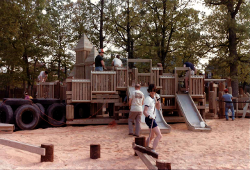 A photo documenting the construction of the Abingdon playground in 1985.