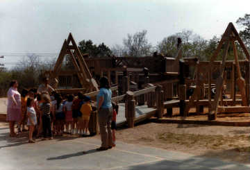 A photo documenting the construction of the Abingdon playground in 1985.