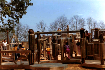 A photo documenting the construction of the Abingdon playground in 1985.