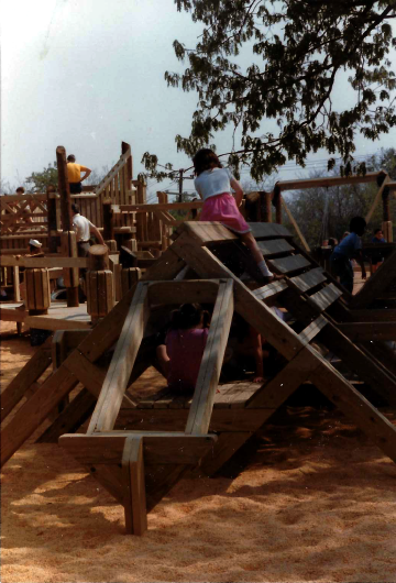 A photo documenting the construction of the Abingdon playground in 1985.