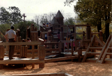 A photo documenting the construction of the Abingdon playground in 1985.