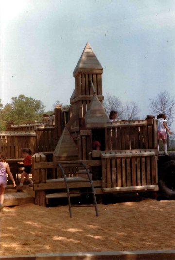 A photo documenting the construction of the Abingdon playground in 1985.