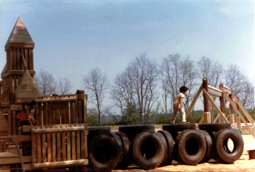 A photo documenting the construction of the Abingdon playground in 1985.