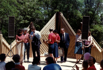 A photo documenting the construction of the Abingdon playground in 1985.