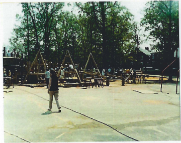 A photo documenting the construction of the Abingdon playground in 1985.